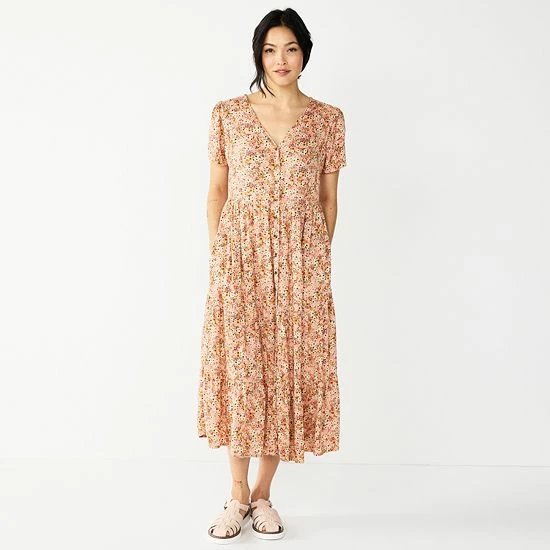 Petite Sonoma Goods For Life® Button Front Tiered Midi Dress Pink Floral 6 Petite Sonoma Goods For Life® Button Front Tiered Midi Dress Pink Floral - Image 4