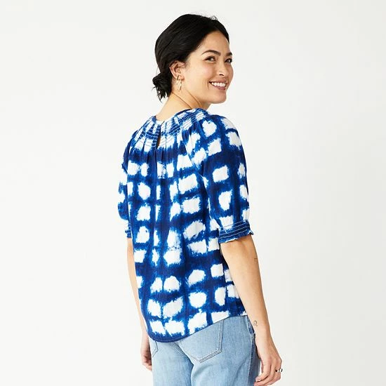 Women's Sonoma Goods For Life® Elbow Smock Neck Top Blue Geo Floral 4 Women's Sonoma Goods For Life® Elbow Smock Neck Top Blue Geo Floral - Image 2