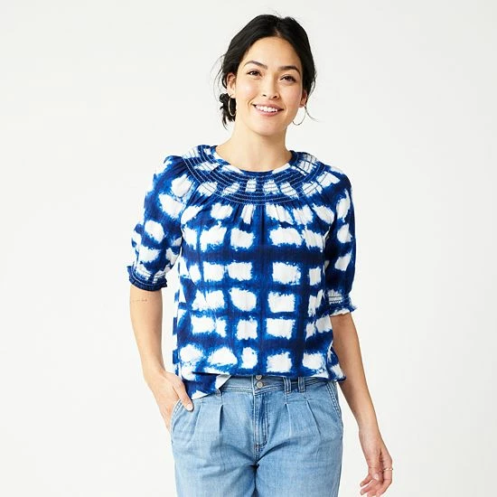 Women's Sonoma Goods For Life® Elbow Smock Neck Top Blue Geo Floral 7 Women's Sonoma Goods For Life® Elbow Smock Neck Top Blue Geo Floral - Image 5