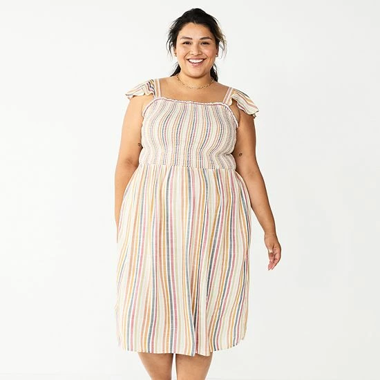 Plus Size Sonoma Goods For Life® Smocked Bodice Midi Dress Tan Multi Stripe 4 Plus Size Sonoma Goods For Life® Smocked Bodice Midi Dress Tan Multi Stripe - Image 2