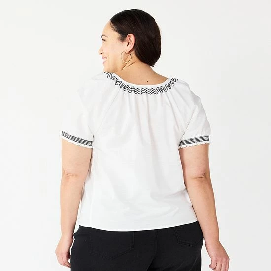 Plus Size Sonoma Goods For Life® Shirring V-Neck Top Black White Embroidery 4 Plus Size Sonoma Goods For Life® Shirring V-Neck Top Black White Embroidery - Image 2