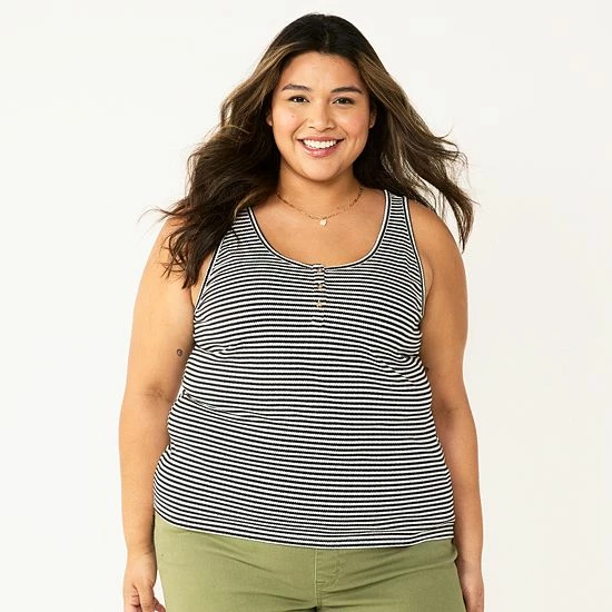 Plus Size Sonoma Goods For Life® Striped Henley Tank Red Coral Stripe 4 Plus Size Sonoma Goods For Life® Striped Henley Tank Red Coral Stripe - Image 2