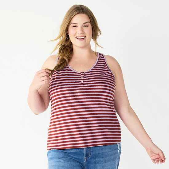 Plus Size Sonoma Goods For Life® Striped Henley Tank Red Coral Stripe 5 Plus Size Sonoma Goods For Life® Striped Henley Tank Red Coral Stripe - Image 3