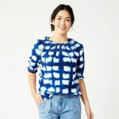 Petite Sonoma Goods For Life® Elbow-Sleeve Smocked Top Blue Geo Floral