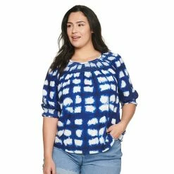 Plus Size Sonoma Goods For Life® Elbow Smocked Neck Top Navy Dye Squares