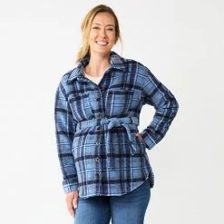 Maternity Sonoma Goods For Life® Belted Shacket Blue Plaid -Sonoma Goods For Life shop unnamed file 13871