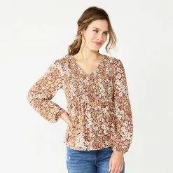 Petite Sonoma Goods For Life® Smocked Bodice Peasant Top Coral Mini Floral