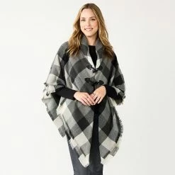Women's Sonoma Goods For Life® Woven Plaid Toggle Poncho Black Gray