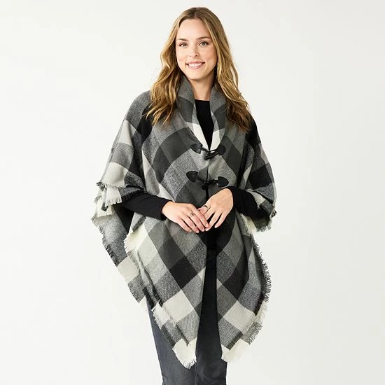 Women's Sonoma Goods For Life® Woven Plaid Toggle Poncho Black Gray 3 Women's Sonoma Goods For Life® Woven Plaid Toggle Poncho Black Gray