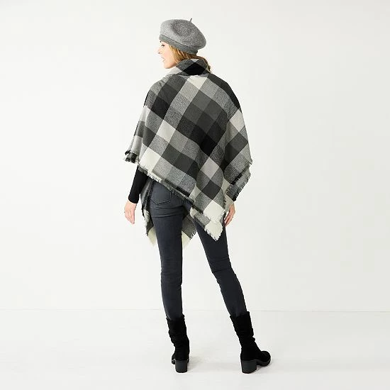 Women's Sonoma Goods For Life® Woven Plaid Toggle Poncho Black Gray 4 Women's Sonoma Goods For Life® Woven Plaid Toggle Poncho Black Gray - Image 2