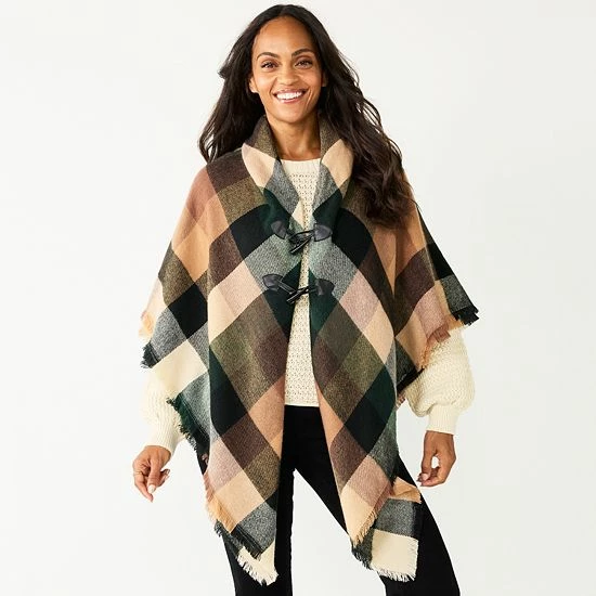 Women's Sonoma Goods For Life® Woven Plaid Toggle Poncho Black Gray 6 Women's Sonoma Goods For Life® Woven Plaid Toggle Poncho Black Gray - Image 4