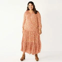 Plus Size Sonoma Goods For Life® Tiered Long Sleeve Maxi Dress Red Floral