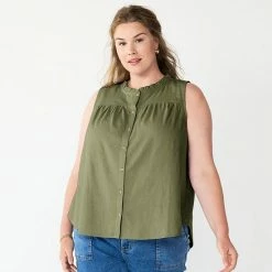Plus Size Sonoma Goods For Life® Solid Ruffled Button-Front Tank Paradise Sand -Sonoma Goods For Life shop unnamed file 9782